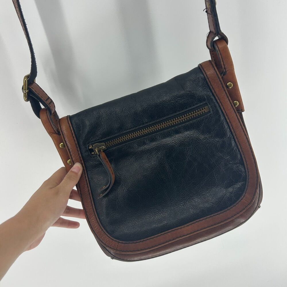 Fossil Two Tone Leather Flap Crossbody Messenger Bag Purse Vintage Brown Black
